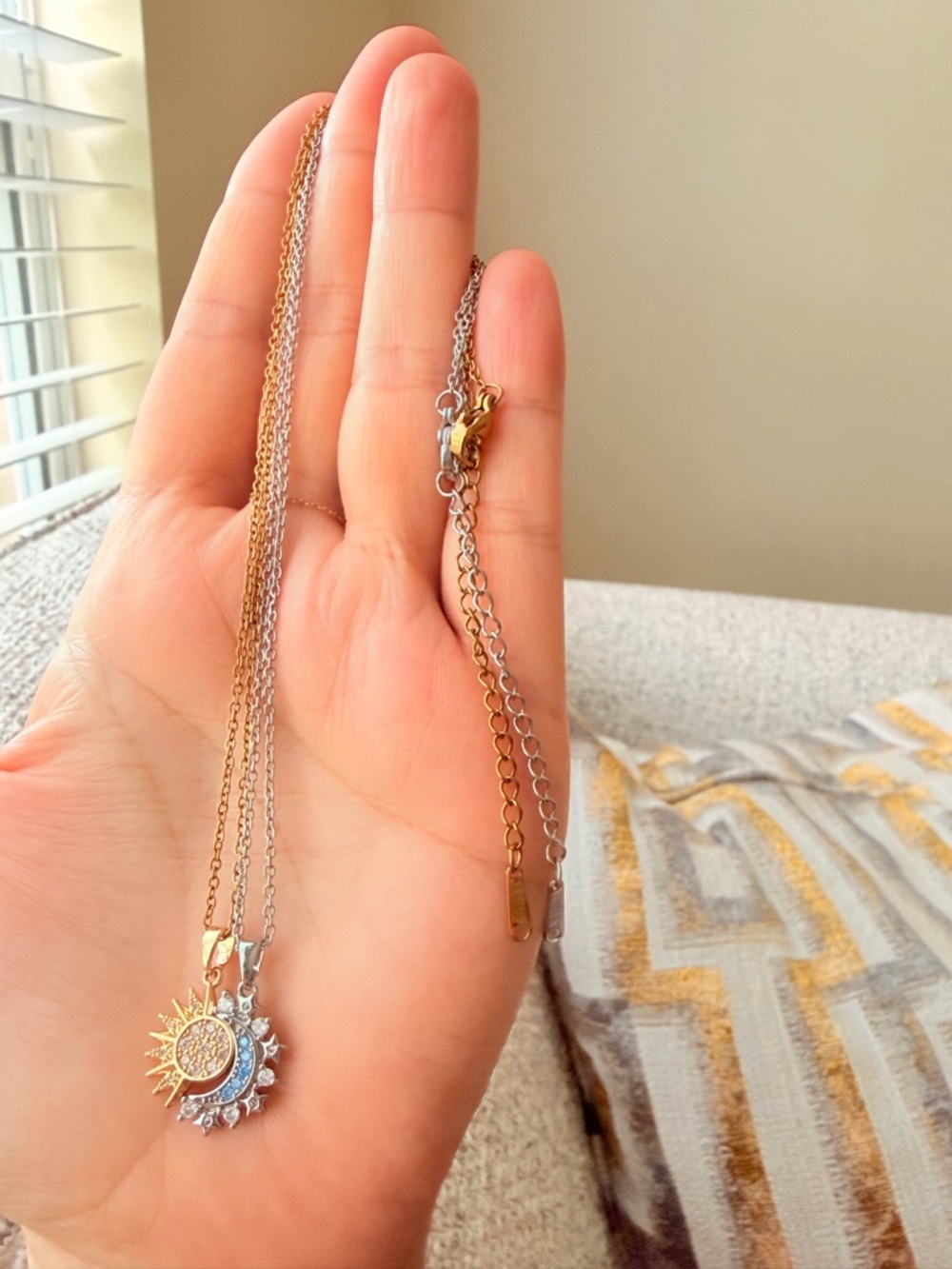 Gold and Silver Sun & Moon Pendant Necklace with Blue Accents - Picture 6 of 9